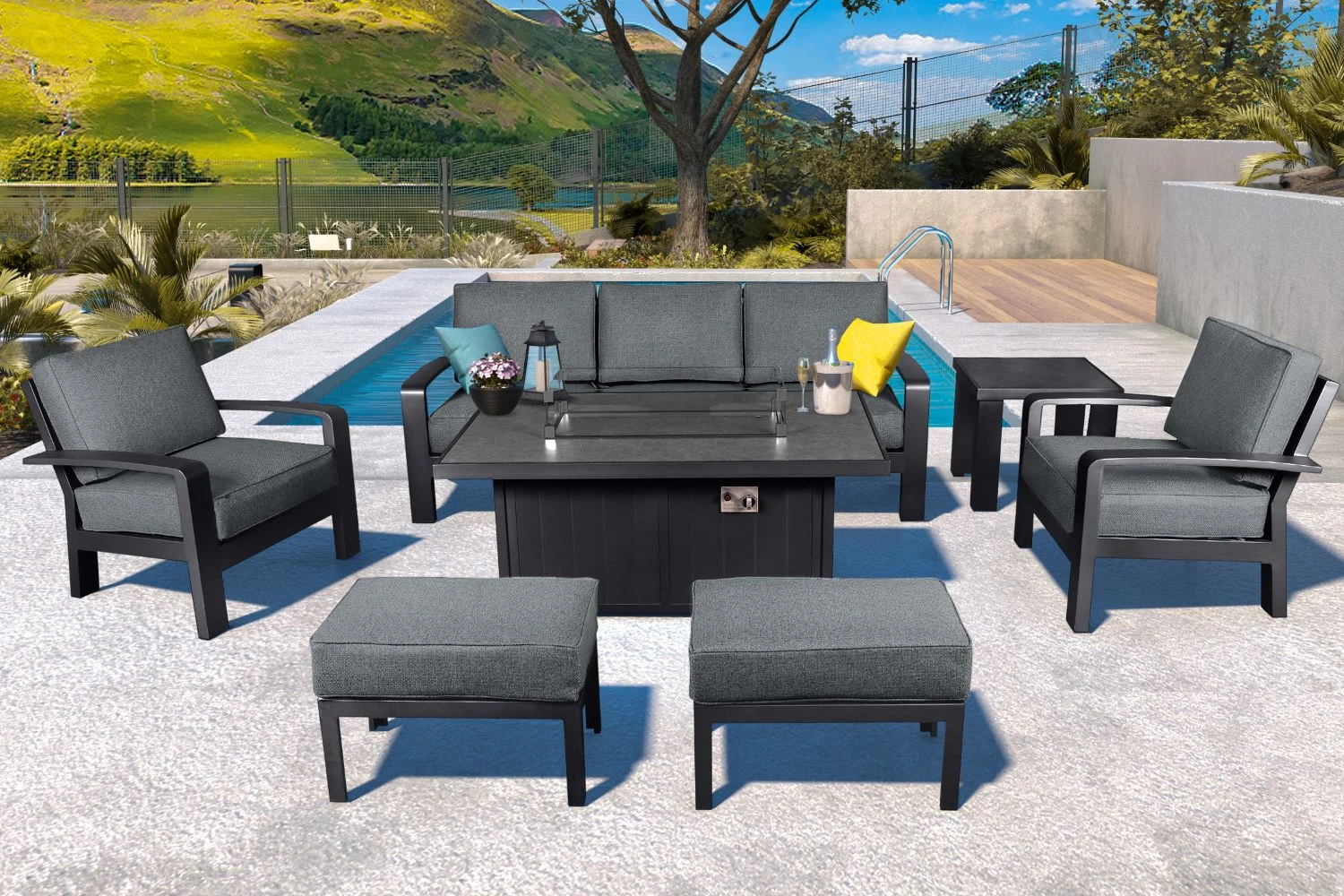 Hartman Aurora Lounge Set With Fire Pit Table In Matt Xerix/Zenith