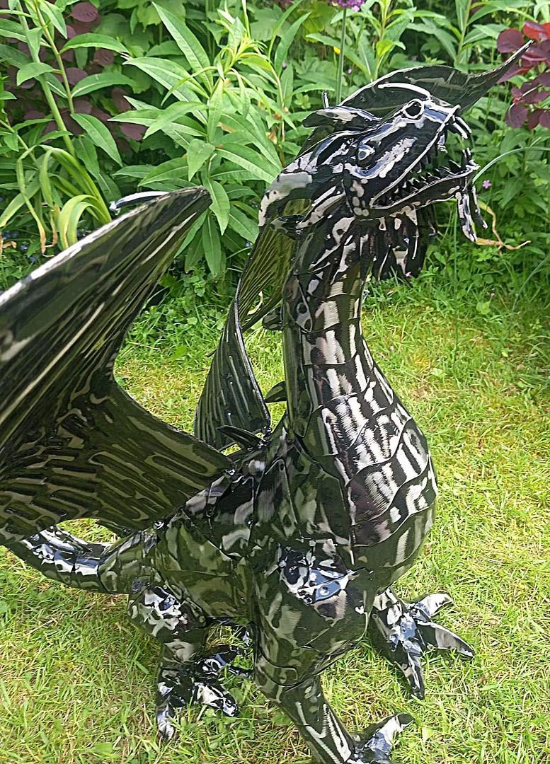 Mystical Dragon Garden Sculpture In Platework Metal - 56cm Tall