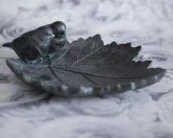 Pair Of Love Birds On A Leaf Garden Bird Bath In Cast Bronze Effect Resin