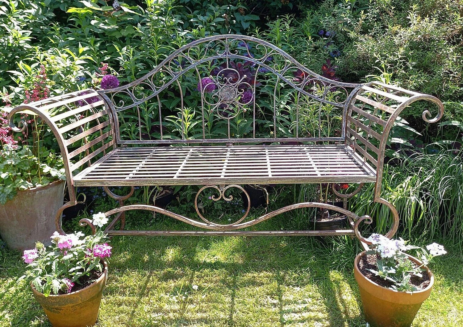 Ornate Verdigris Metal Garden Bench, 93cm X 107cm