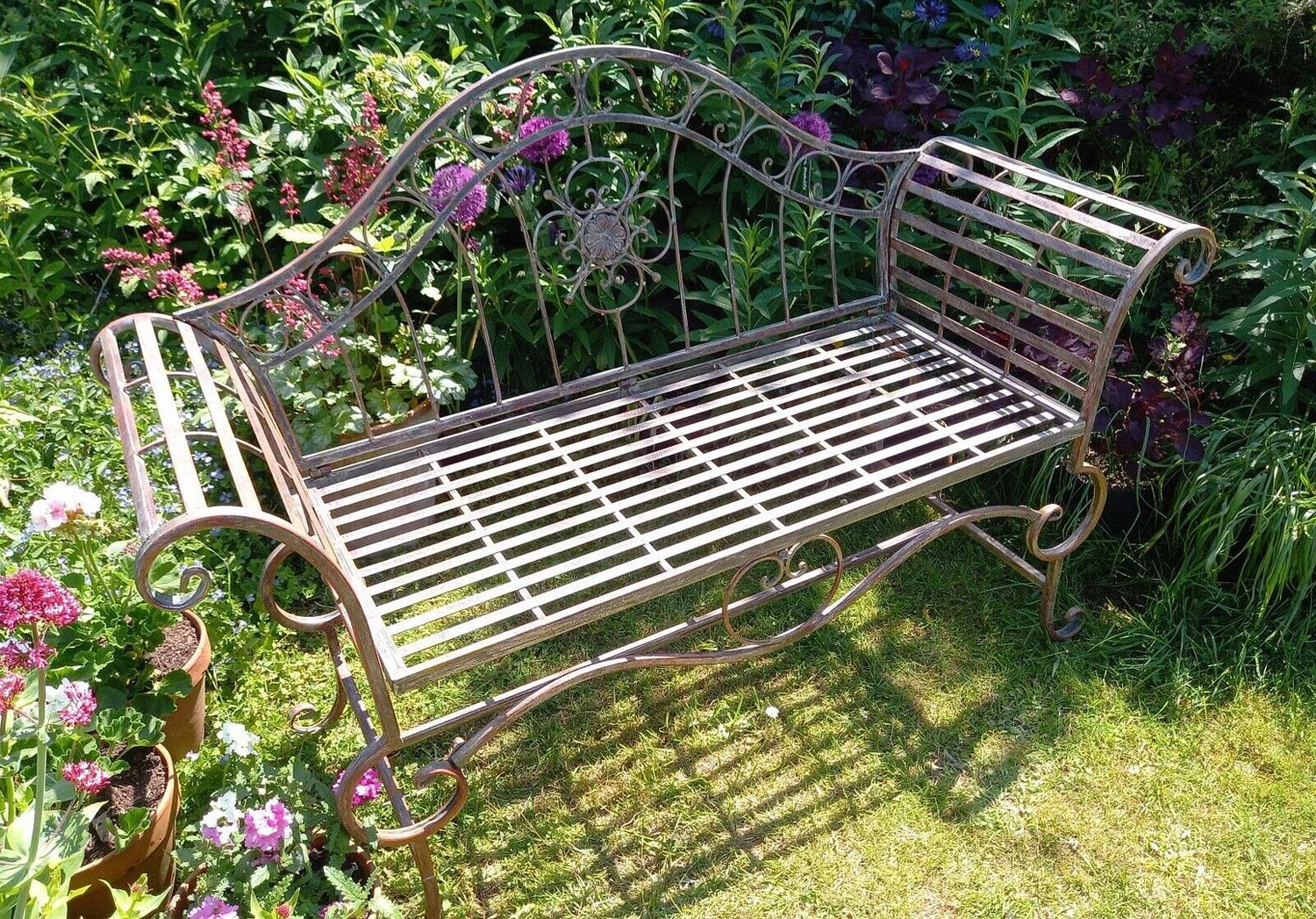 Ornate Verdigris Metal Garden Bench, 93cm X 107cm - Image 2