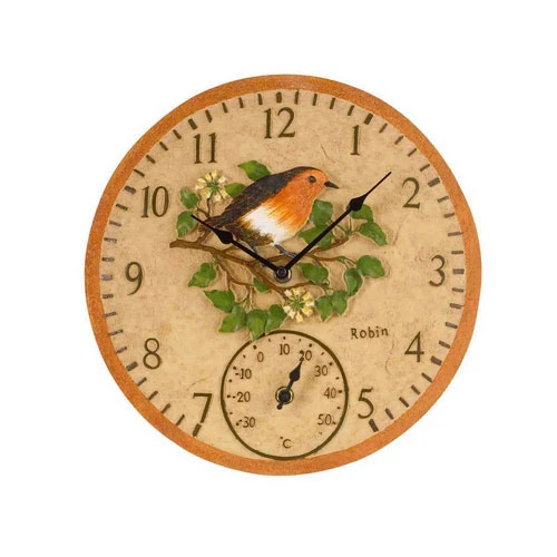 Outdoor Robin Wall Clock And Thermometer
