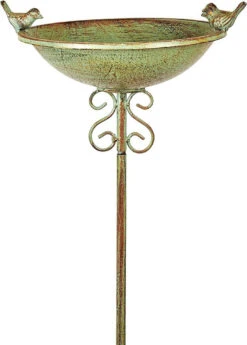 Verdigris Metal Bird Table/Bath With Ornamental Bird Sculptures