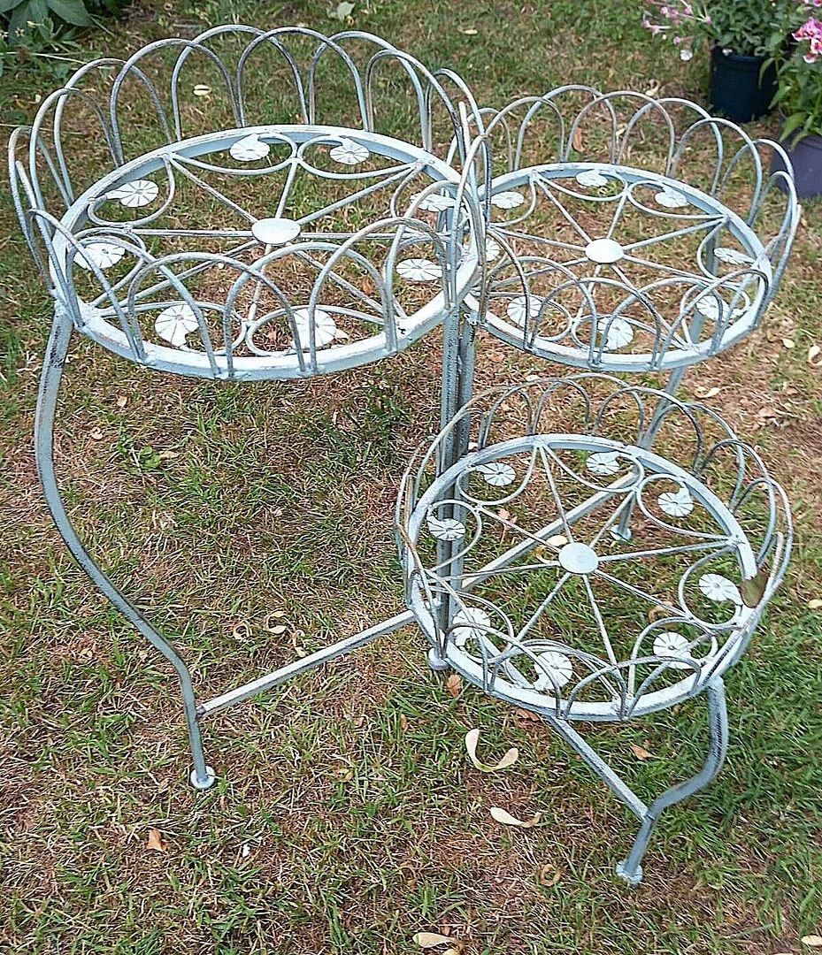 Three Tiered Metal Folding Pot Planter Holder - White And Bronze - Image 2